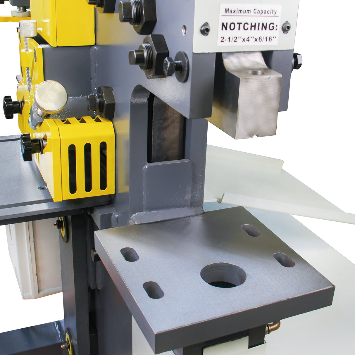 KAKA INDUSTRIAL M-60 metal notching station close-up featuring worktable, precisely designed for structural frame notches