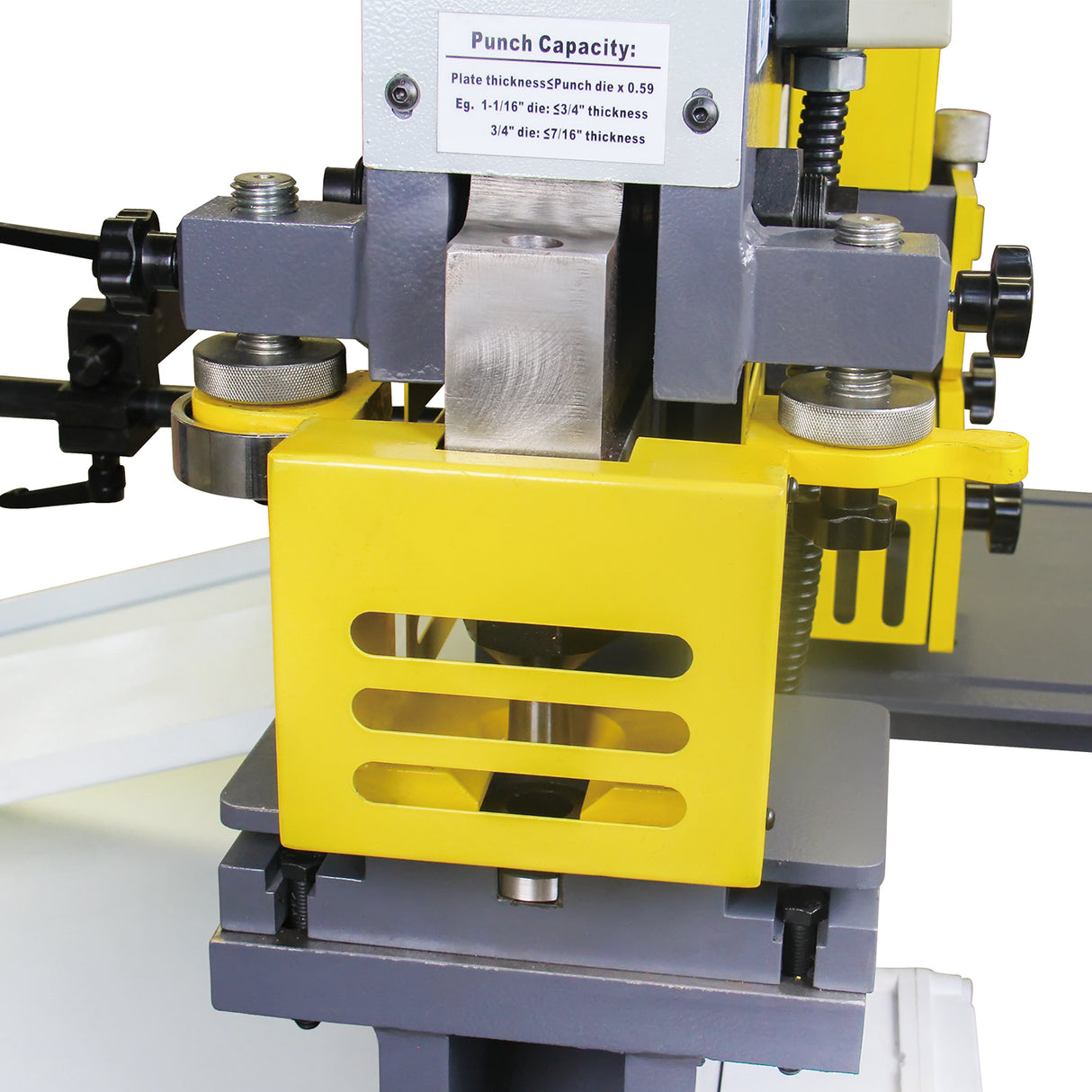 KAKA INDUSTRIAL M-60 punching station close-up with yellow guard, punches 1-inch diameter holes in 3/4-inch steel plates