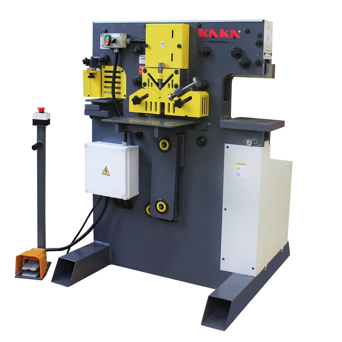 KAKA INDUSTRIAL M-60 60-Ton metal shear and punch ironworker right-angle view, a space-saving design for versatile workshop