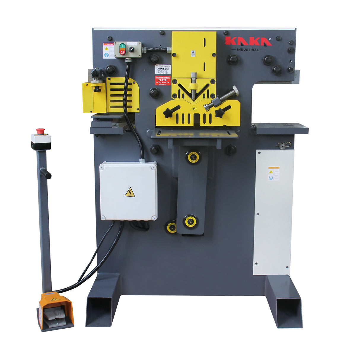 KAKA INDUSTRIAL M-60 60-Ton 4-Station ironworker front view with safety foot pedal, powerful steel punch and shear station