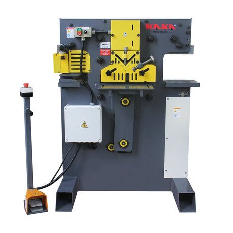 KAKA INDUSTRIAL M-60 60-Ton 4-Station ironworker front view with safety foot pedal, powerful steel punch and shear station