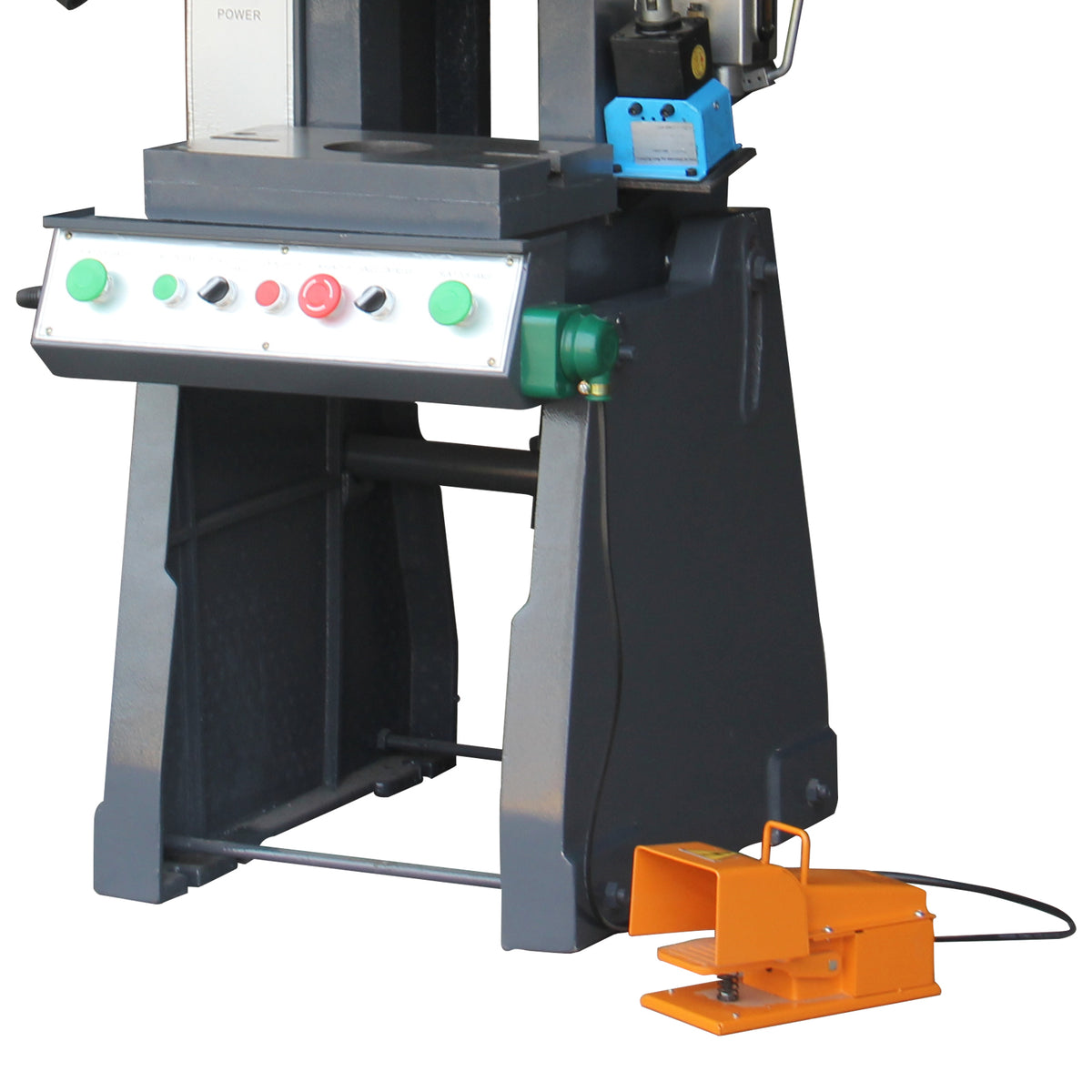 Lower base and orange foot pedal control of a mechanical punch press, providing dual safety operation for fabrication, model JB23-10