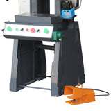 Lower base and orange foot pedal control of a mechanical punch press, providing dual safety operation for fabrication, model JB23-10
