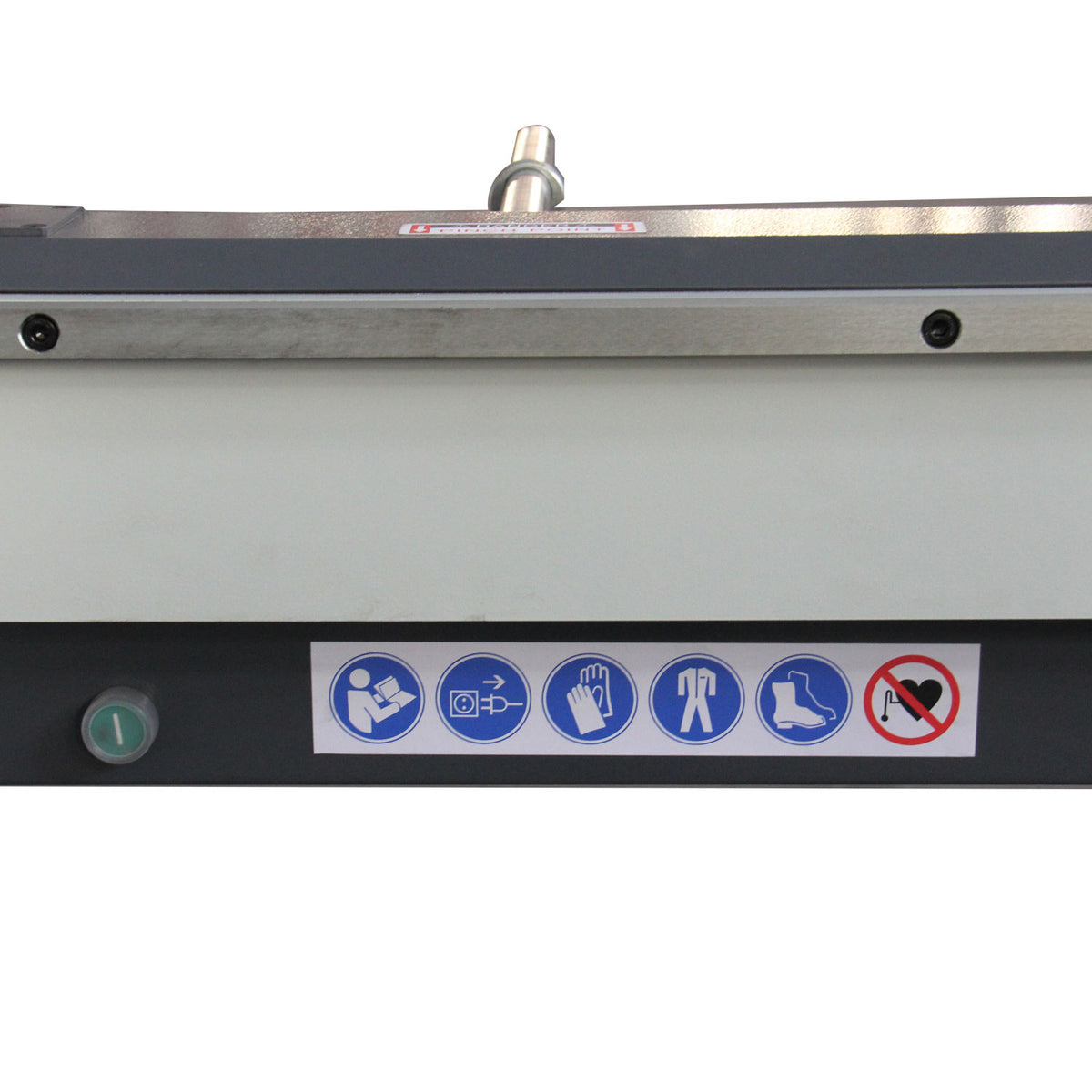 Sheet metal brake safety warning labels close-up with blue and red icons indicating operator safety requirements, EB-9816