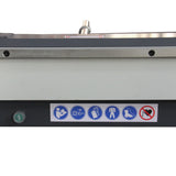 Sheet metal brake safety warning labels close-up with blue and red icons indicating operator safety requirements, EB-9816